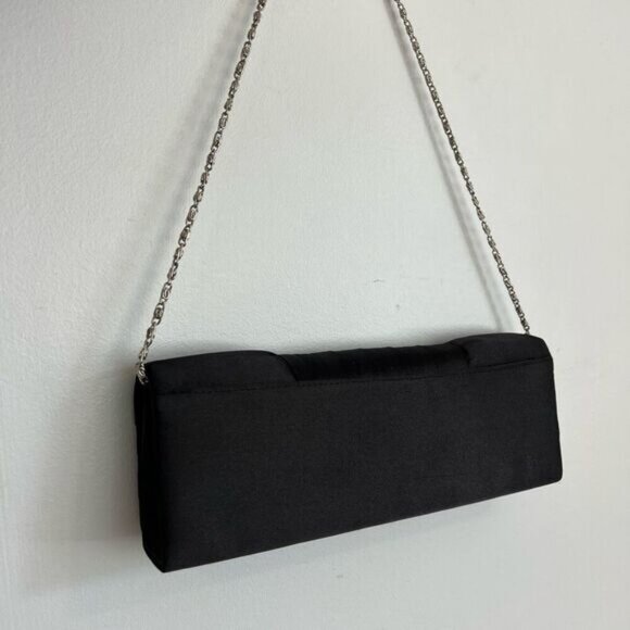 La Diva Black Satin Silver Tone Hardware Women's Clutch Shoulder Bag Purse - Picture 5 of 15